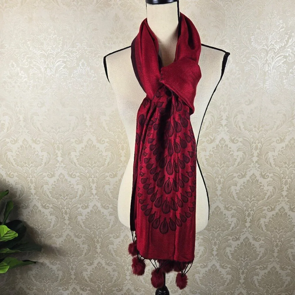 Red and Black Patterned Pashmina Real Fur PomPom Accents at Ends Cozy Warm